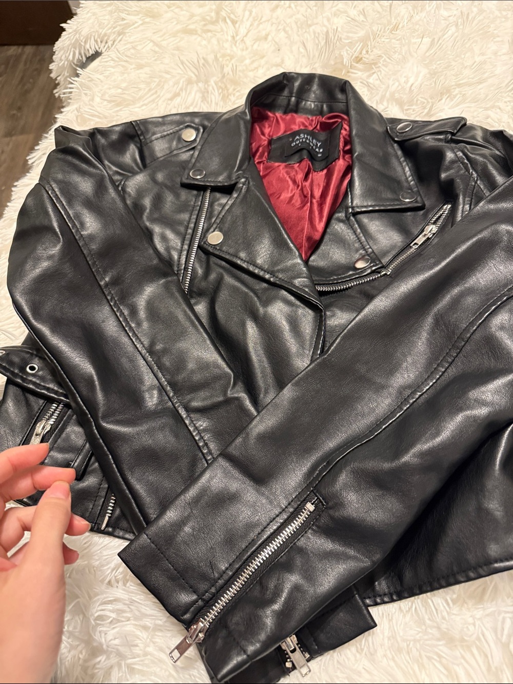 Ashley By 26 International Black Vegan Leather Moto Jacket with Red Lining - Picture 2 of 4